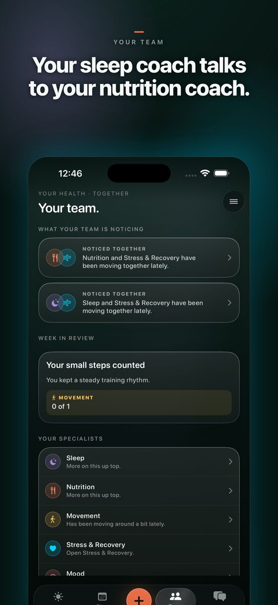 PULS3 Your Team screen headed 'Your sleep coach talks to your nutrition coach.' It shows what the specialists noticed together and a list of specialists for sleep, nutrition, movement, stress and recovery, and mood.