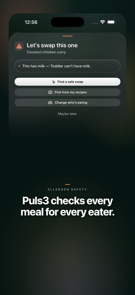 PULS3 allergen check headed 'PULS3 checks every meal for every eater.' A coconut chicken curry is flagged because it has milk and the toddler can't have milk, with options to find a safe swap, pick from my recipes or change who's eating.