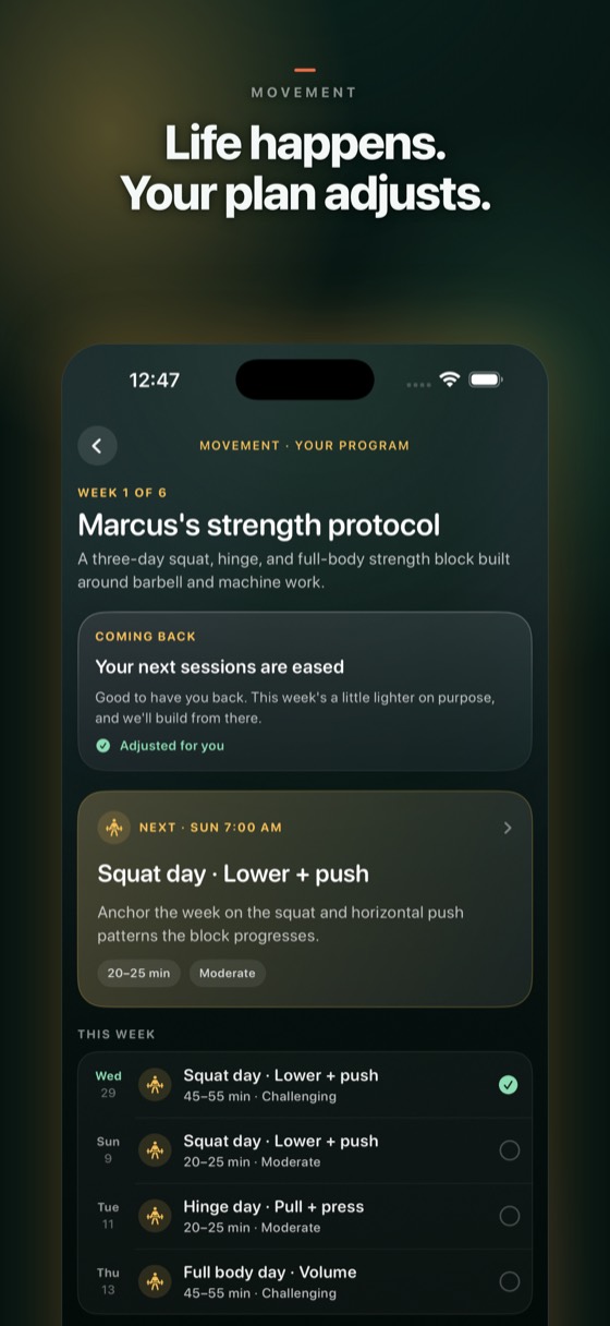 PULS3 movement program: after a break, the next sessions are eased and marked Adjusted for you.